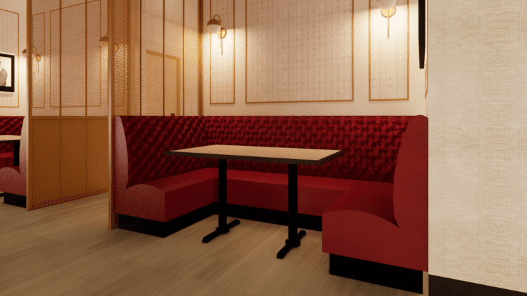 Dining booth in tufted red velvet.