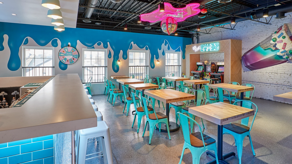 Jojo's Shake Bar metal bright blue powder coated chairs.