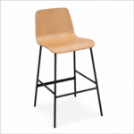 Outdoor synthetic teak bar stool in natural wood color and anthracite metal frame side angle view.