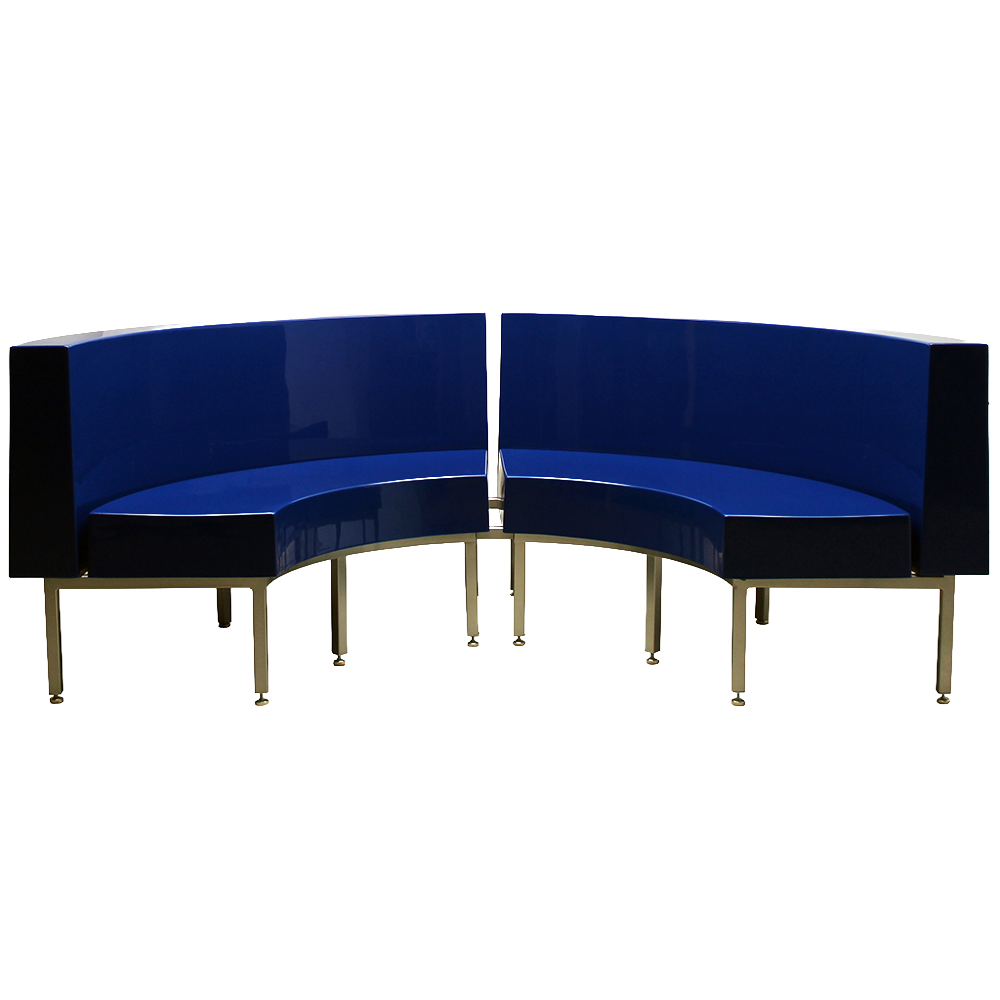 Brighton Radius, 1/4 circle commercial fiberglass booth, front, two side-by-side.