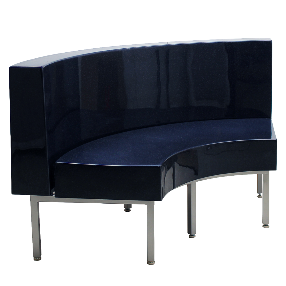 Brighton Radius, 1/4 circle commercial fiberglass booth, angled.
