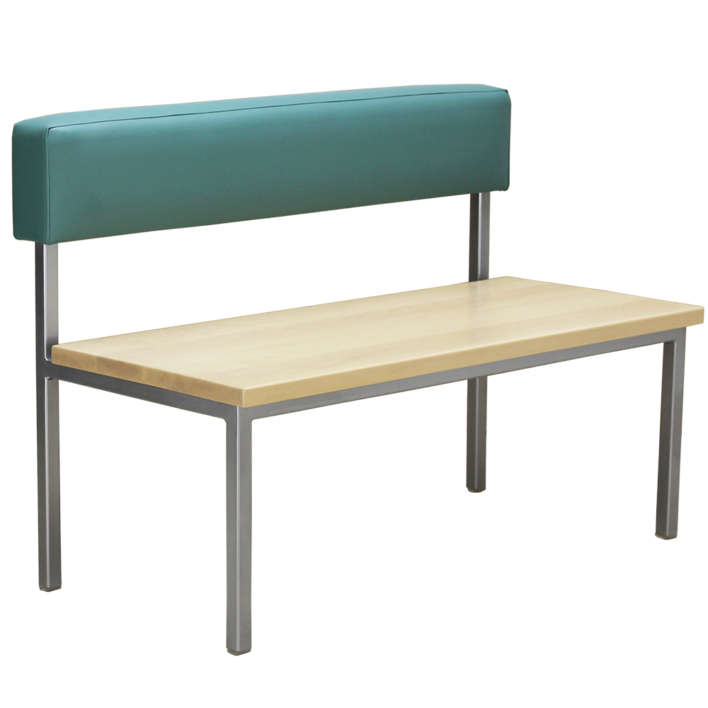 Division commercial booth with hardwood seat and upholstered back, angled.