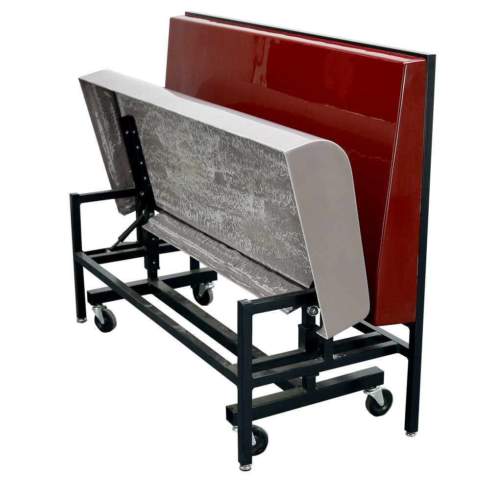 Lift commercial booth seating with folding seat, fiberglass side view.