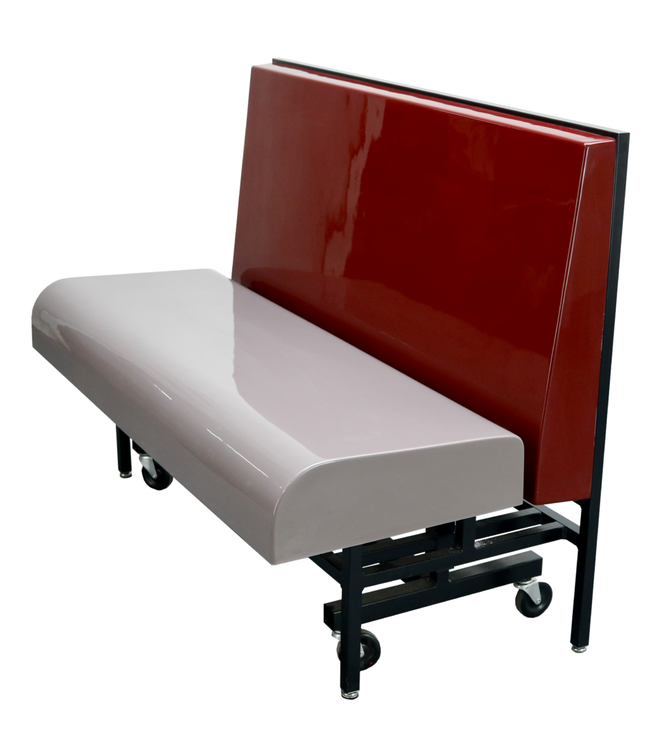 Lift commercial booth seating with folding seat, fiberglass side view.