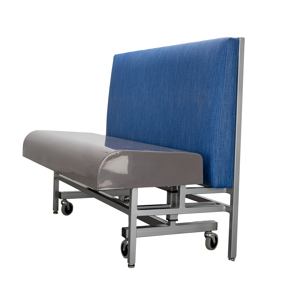 Lift commercial booth seating with folding seat, upholstered and fiberglass side view.