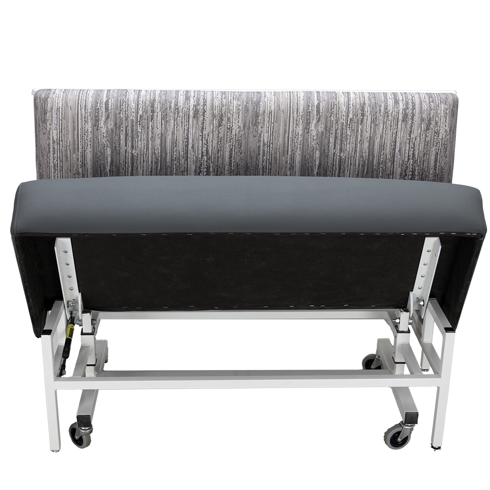 Lift commercial booth seating with folding seat, upholstered front lifted view.