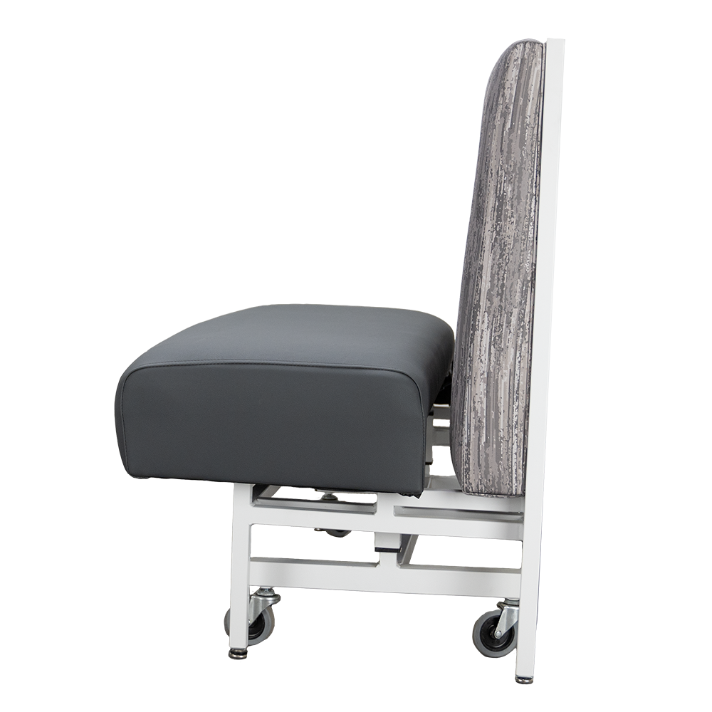 Lift commercial booth seating with folding seat, fiberglass side view.