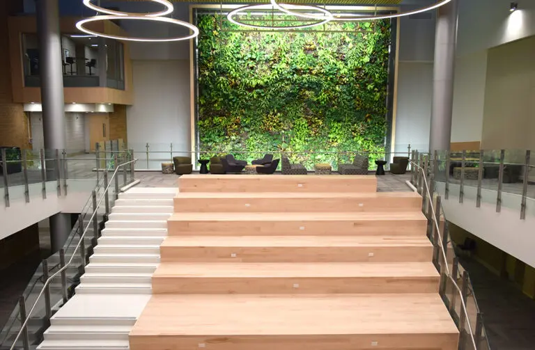 Stevenson High School common area with hardwood benchlike structure.