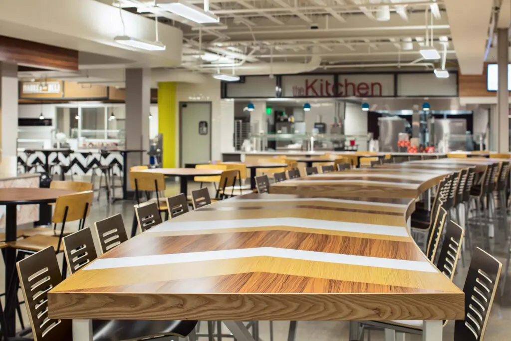 Texas A&M cafeteria community table and chairs.