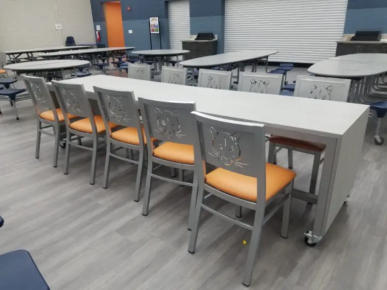 School cafeteria with custom mascot chairs.
