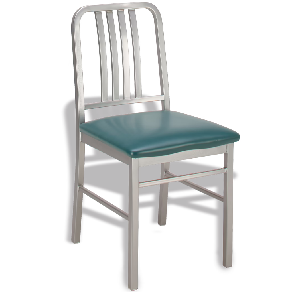 Seaside side chair with metal frame and upholstered seat.