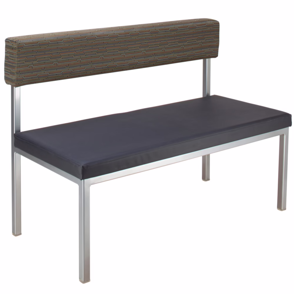 Division custom commercial booth seating with upholstered back and powder-coated steel frame, side view.
