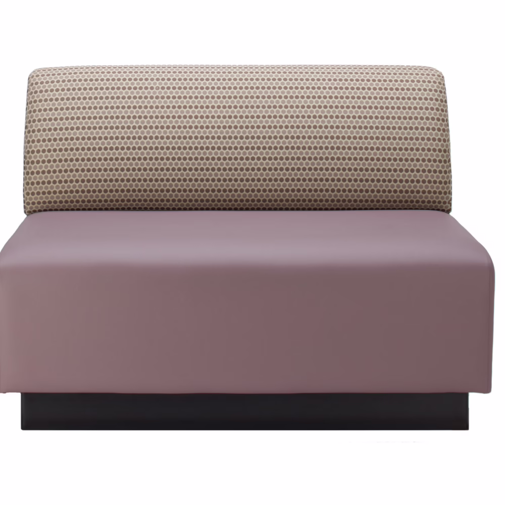 Addison custom commercial booth seating with upholstered back and vinyl base, front view.