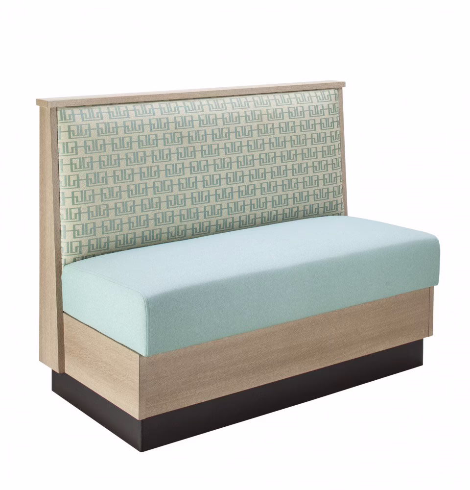 Larkin commercial restaurant booth with upholstered seat and wood details