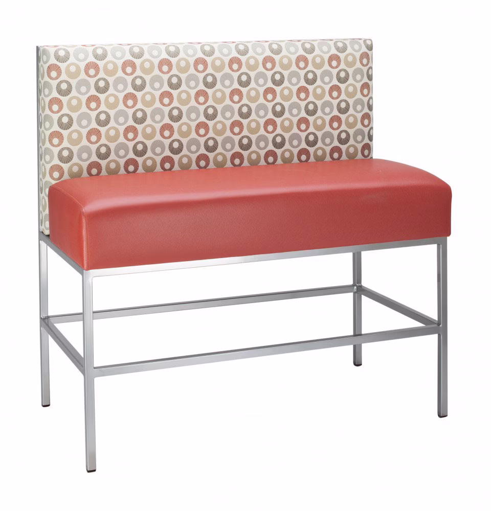 Ogden custom commercial booth seating with upholstered back and powder-coated steel frame, tall legs.