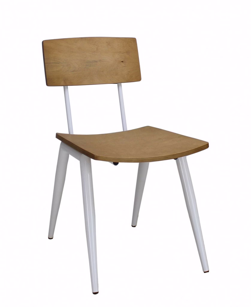 Terrace side chair with wood seat and back and metal frame.
