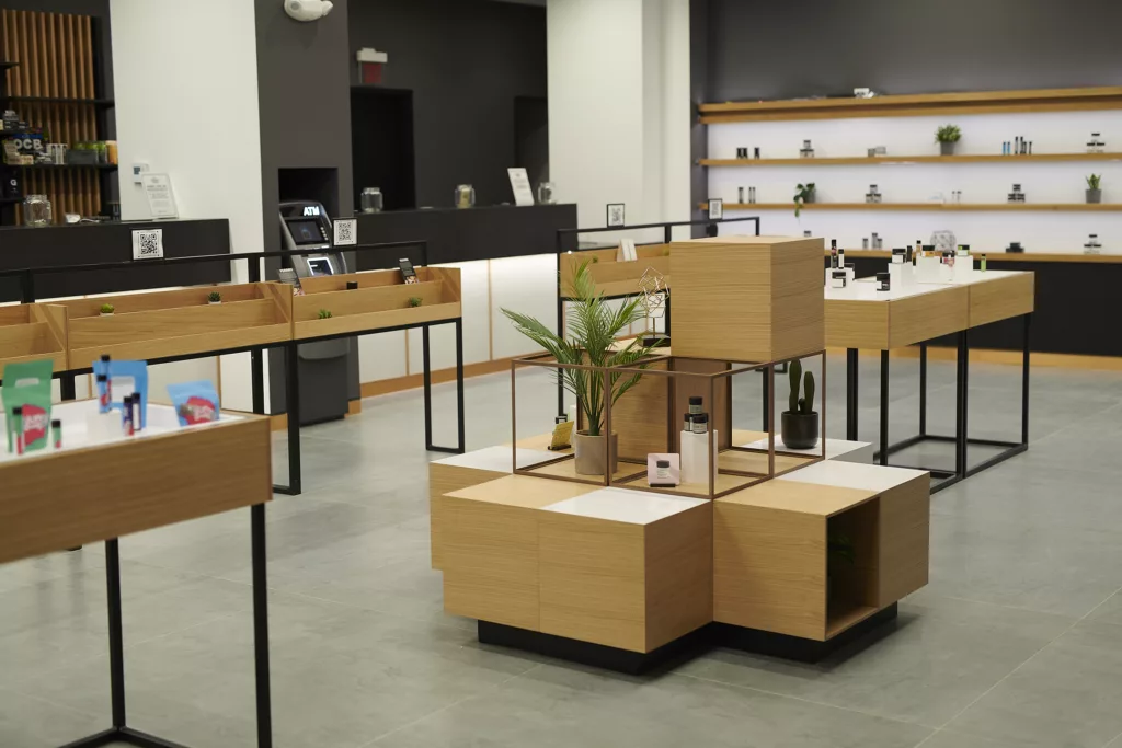 Zen Leaf dispensary wooden display.