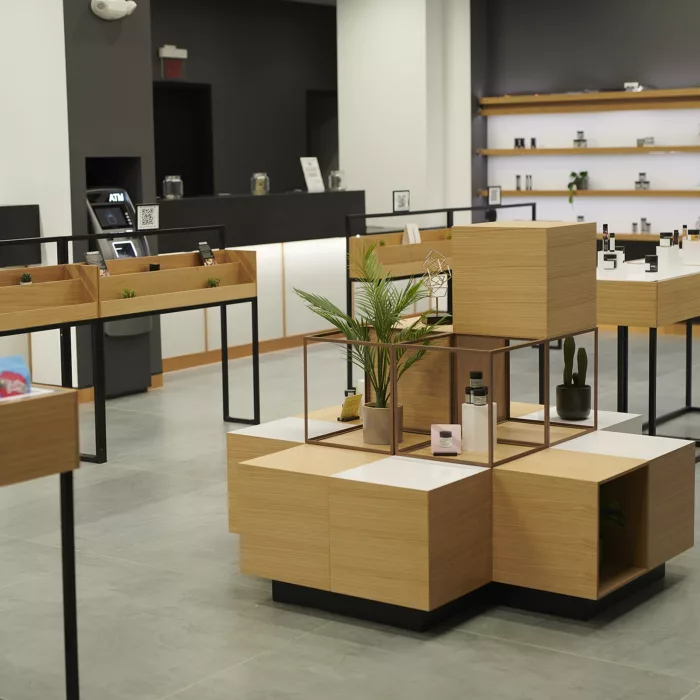 Zen Leaf dispensary wooden display.