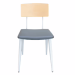 Metal Restaurant Chair – Wood Back & Grey Vinyl Upholstered Seat.
