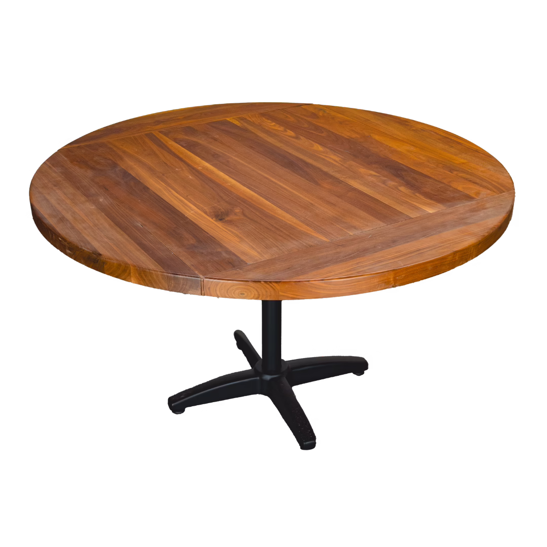 Commercial walnut wood plank restaurant table top with flip-up ends expands from 36" square to 51".