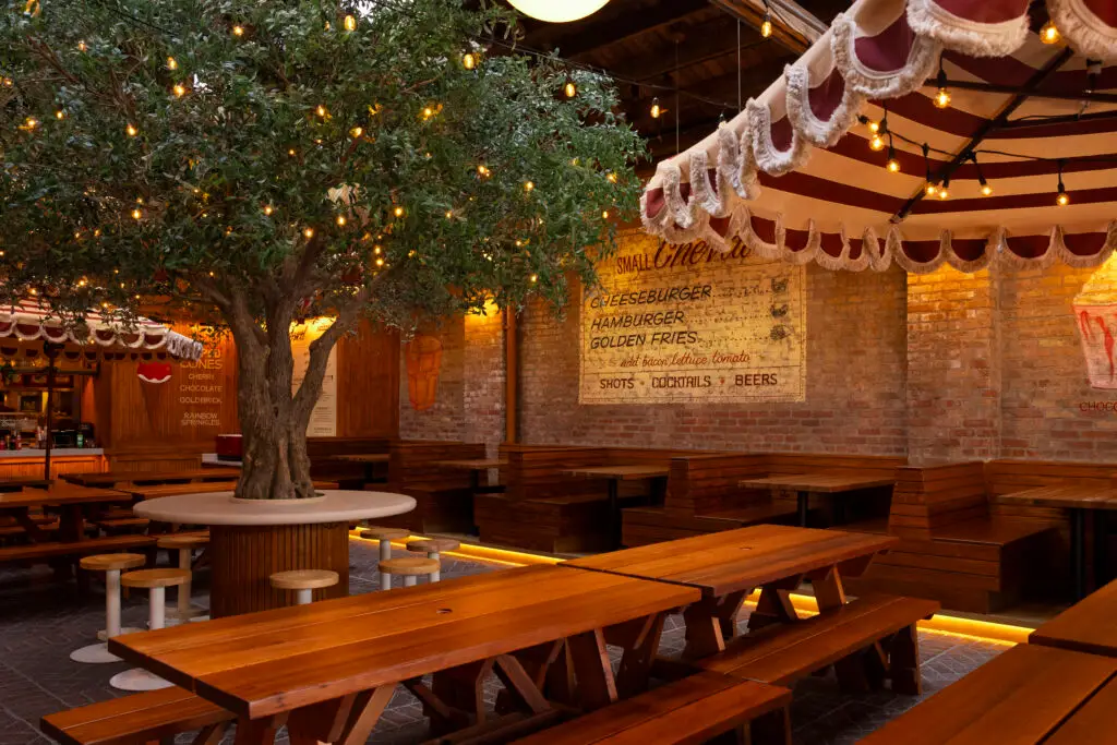 Au Cheval interior with tree.