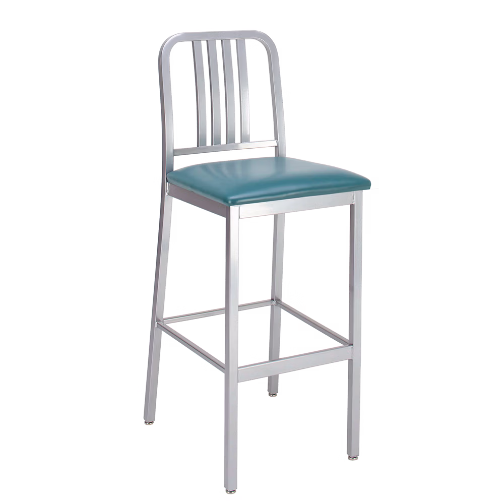 Sea Side barstool with upholstered seat and metal frame.