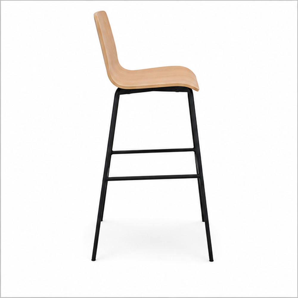 Outdoor synthetic teak bar stool in natural wood color and anthracite metal frame side view.