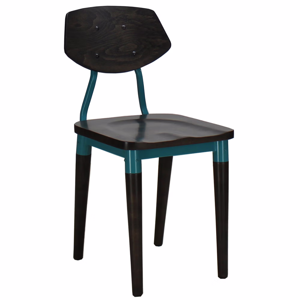 Edison dining side chair with wood back and wood seat.