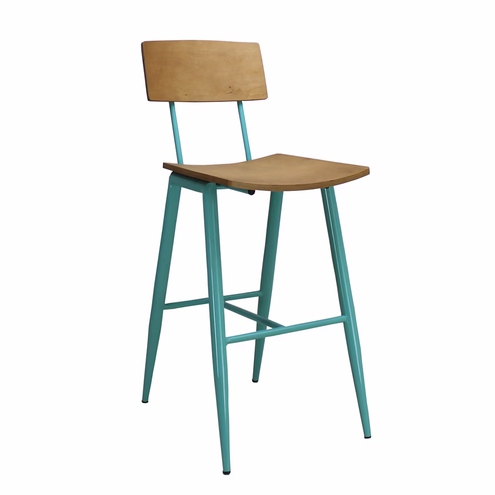 Terrace wood back and seat barstool with metal frame.